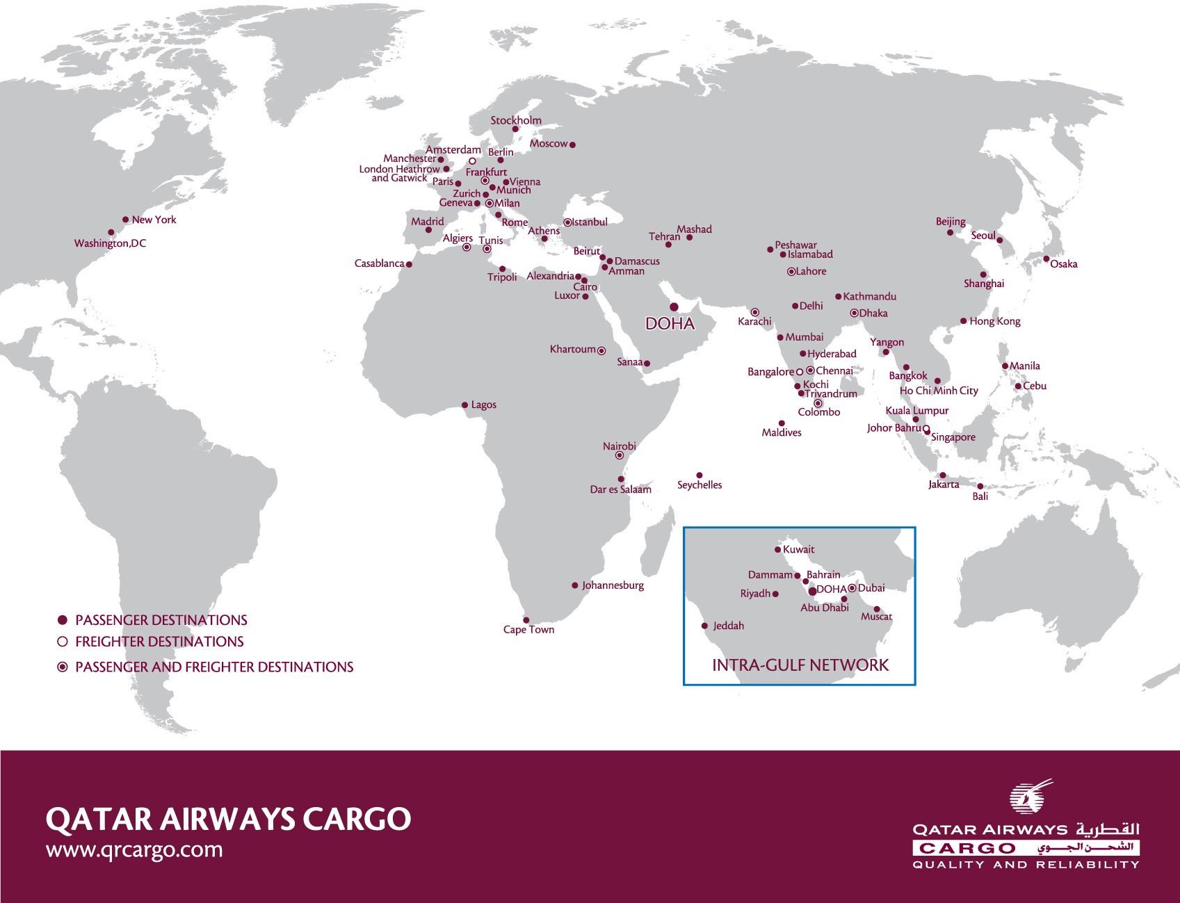 Qatar airways destinations map - Qatar airways network map (Western